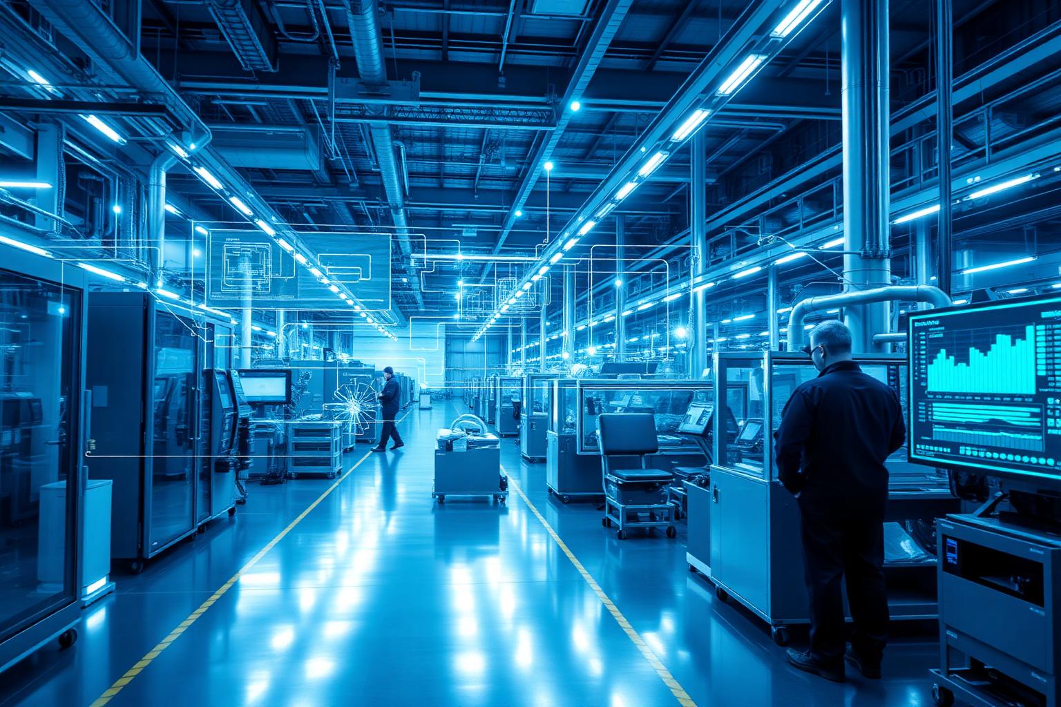 Stabilimento produttivo con dashboard digitali e flussi dati